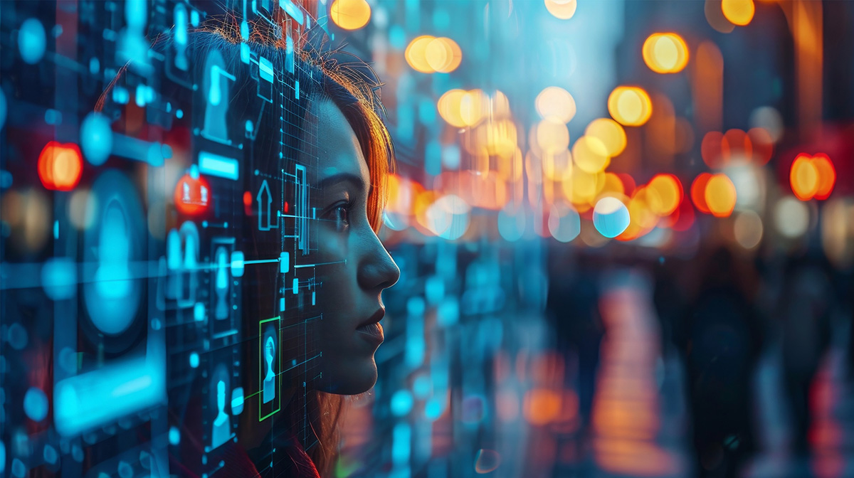 An illustration of a woman’s face through an illuminated screen