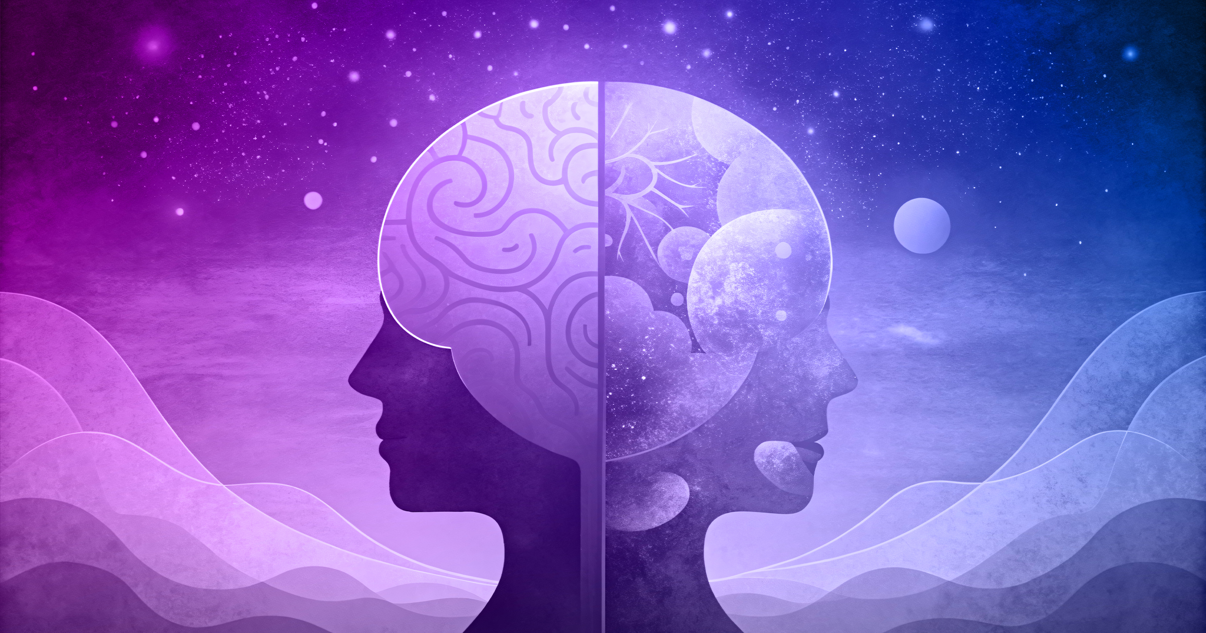 An illustration of two human head profiles turned in opposite directions against a gradient, starry backdrop, symbolizing the mind’s duality or its different facets.