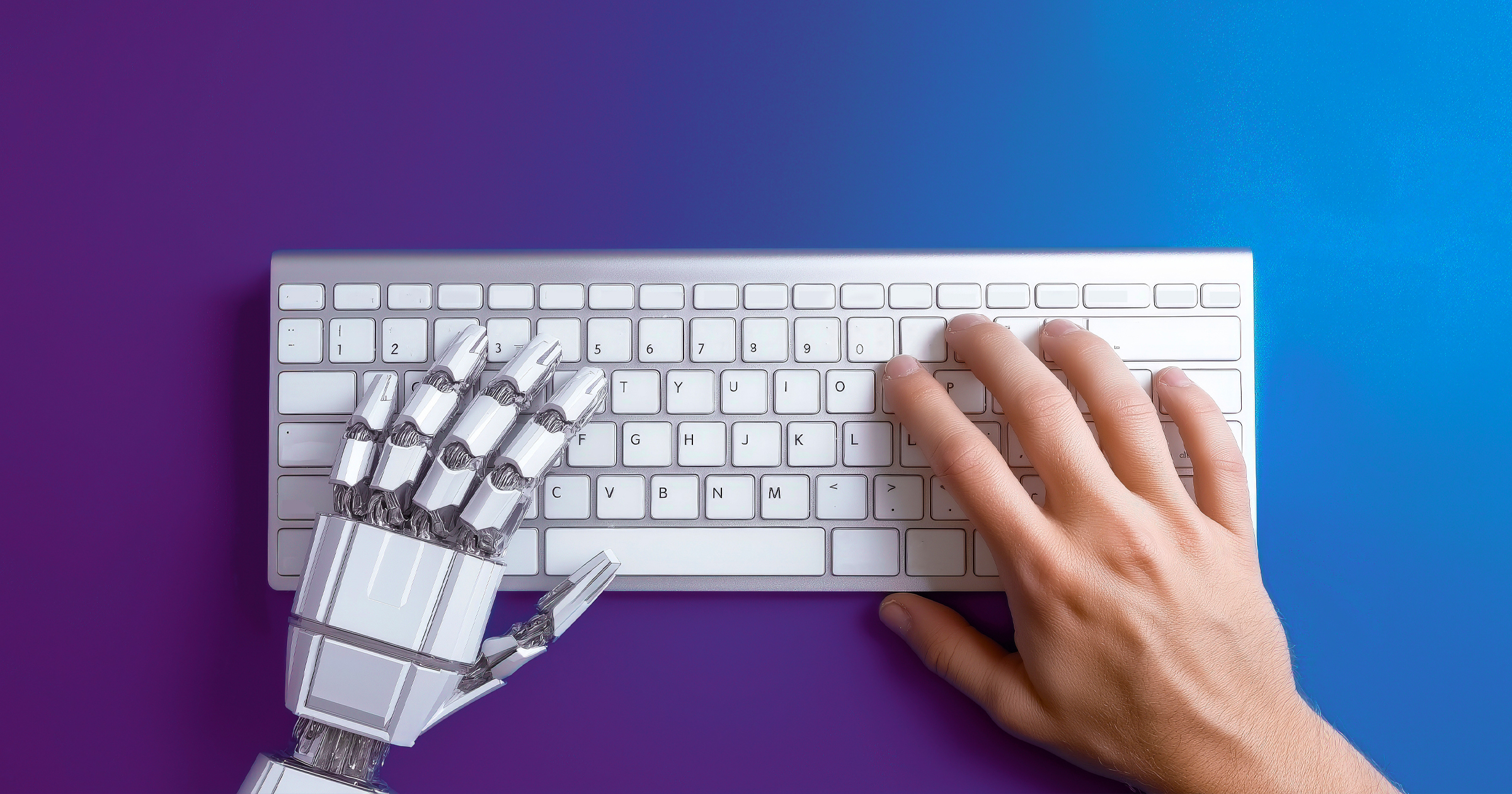 blog-image-placeholder An image that depicts a 3D-rendered robotic hand working alongside a human hand on a keyboard