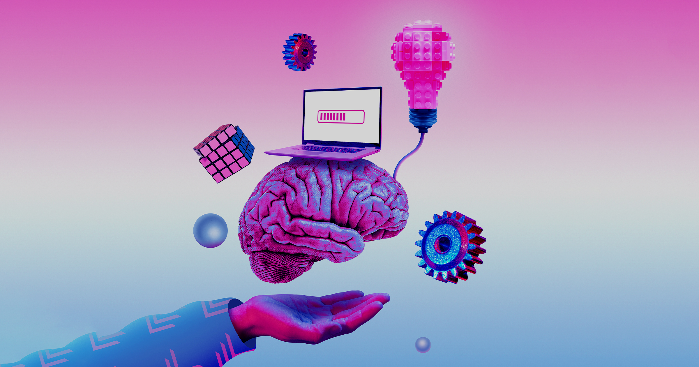 blog-image-placeholder A neon-themed conceptual art collage showing a floating human brain, a laptop with a loading bar, and a toy-style lightbulb.