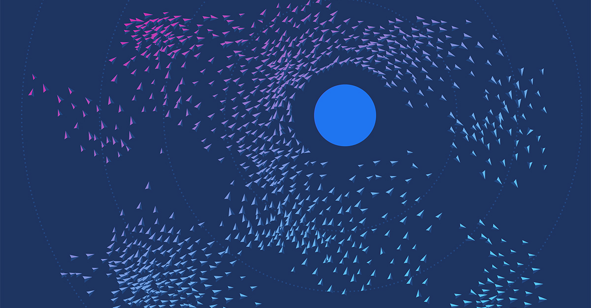 This image is an illustration demonstrating a concept of swarm intelligence, showing collective behavior in which small blue and pink shapes interact with one another and their environment.