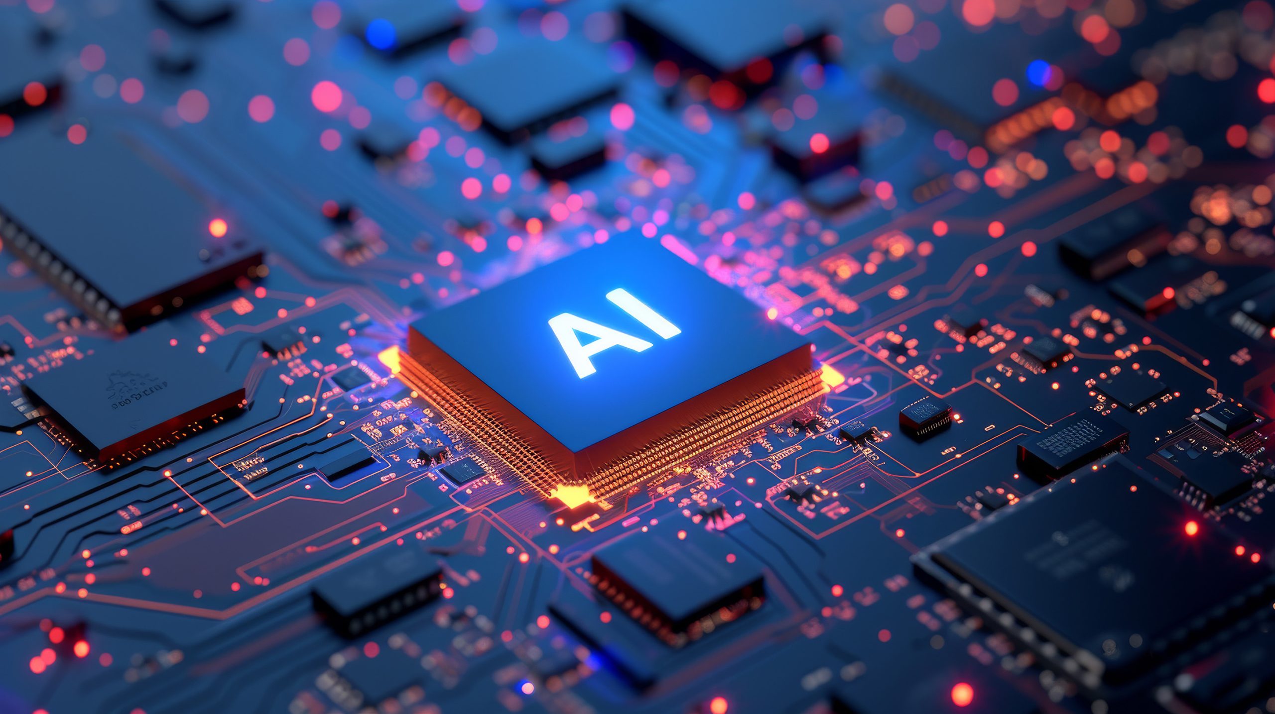 A visual concept featuring a close up macro shot of a computer CPU motherboard mainboard with an AI powered chip semi conductor processor circuit board
